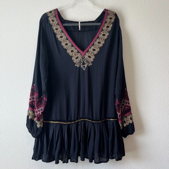 Free People Wild One Peasant Mini Dress Long Sleeve Embroidered Drop Waist Black - Picture 10 of 12